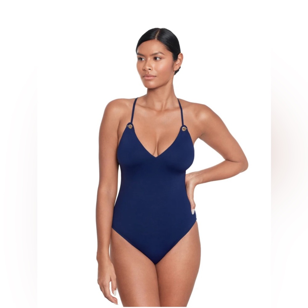 Lauren Ralph Lauren Beach Club Solids Strappy Plunge One Piece Swimsuit size 12